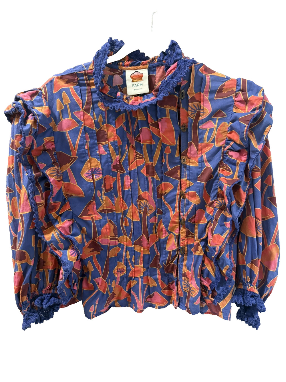 Farm Rio Bright Blue Mushroom Sketch Blouse L Boho Whimsy Cottagecore